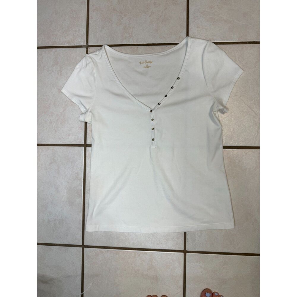 Lilly Pulitzer Henley Top Womens M White Gold Snaps Short Sleeve Preppy